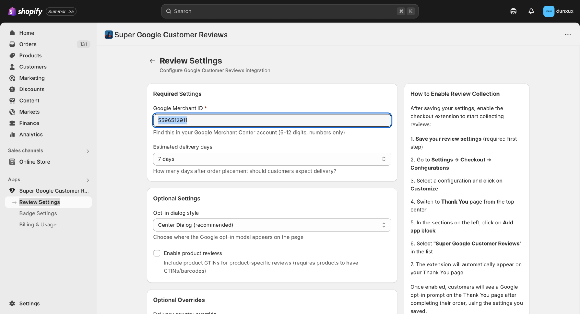 Review Settings configuration page with Google Merchant Center ID field highlighted and other settings visible including delivery days and opt-in style options